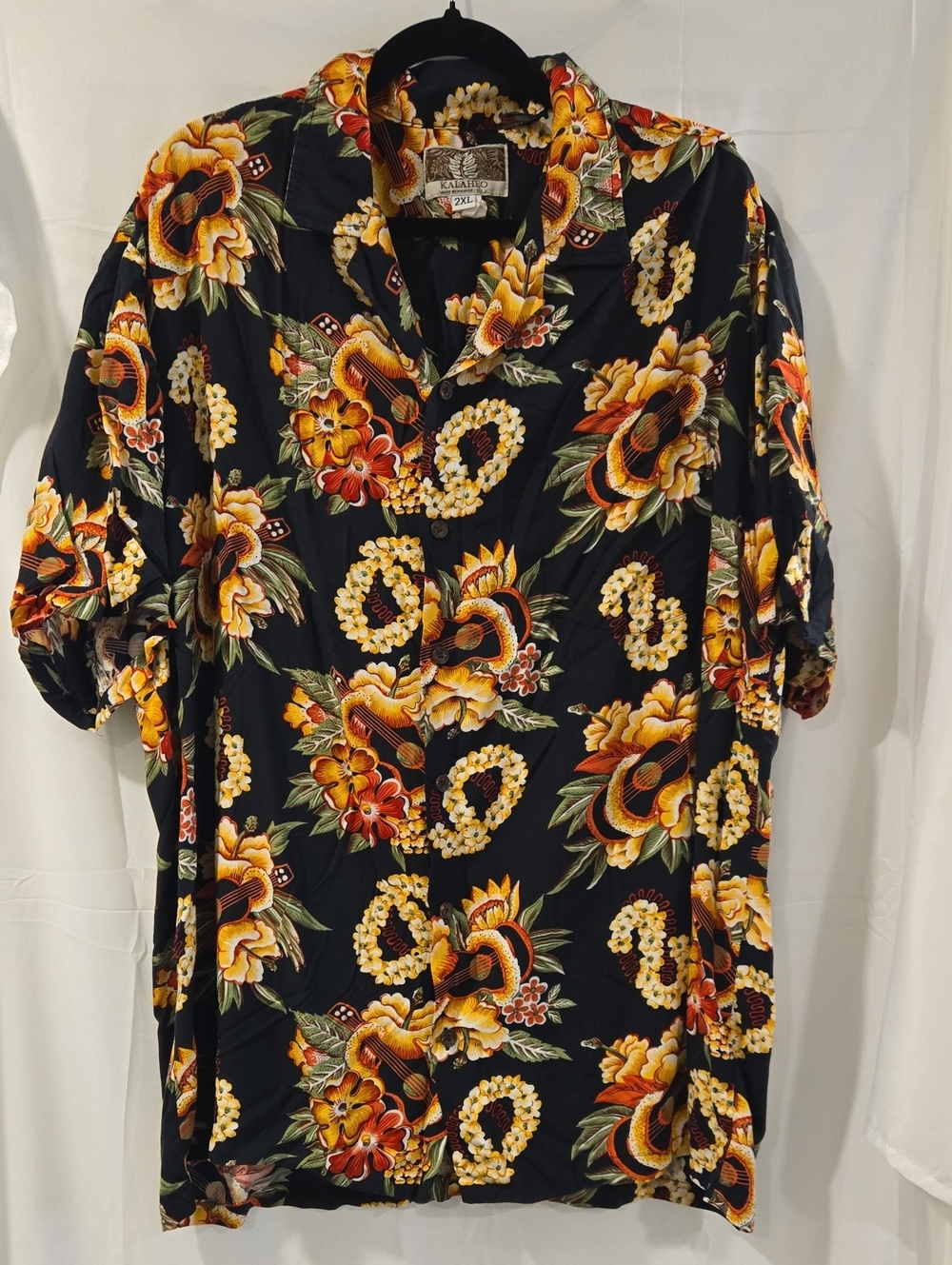 Kalaheo Hawaiian Aloha Shirt Vintage 2XL Made in Hawaii Black Floral Ukulele